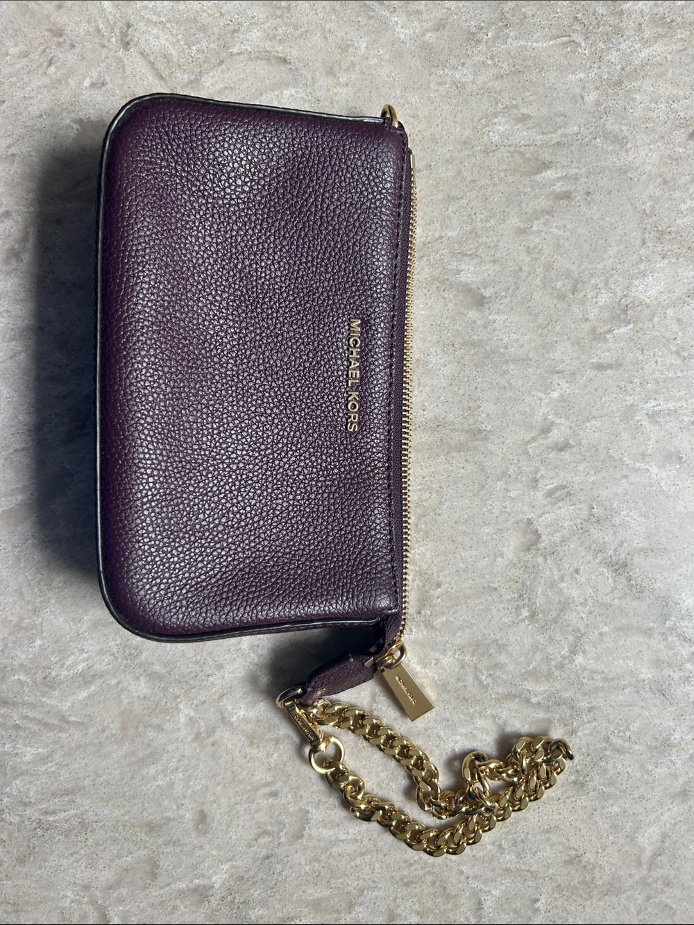 Michael Kors Plum Pebbled Leather Wristlet with Gold Chain